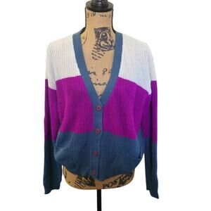 Small POL color block cardigan sweater with pockets, purple navy blue gray